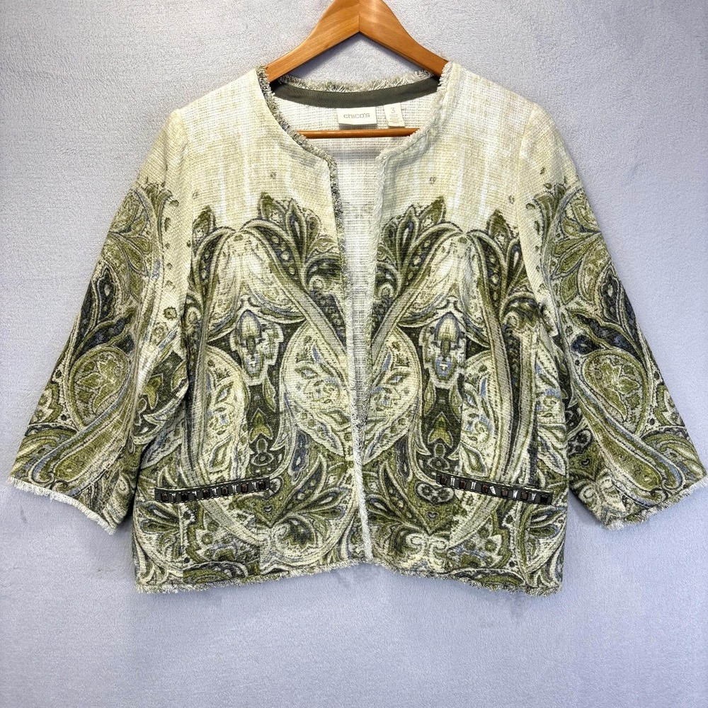 Chico's Size 3 Fringe Tapestry Blazer Jacket (XL 16) Green Beaded Fringe Boho